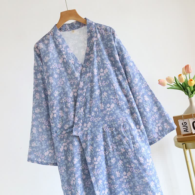 Ownkoti Rustic Blue Floral Cotton Kimono Robe - image 2