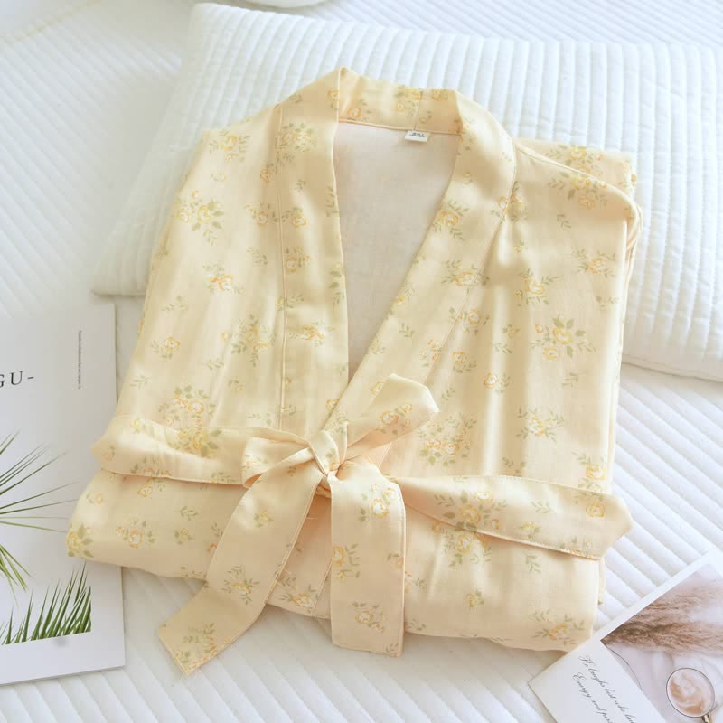 Ownkoti Yellow Botanical Cotton Gauze Kimono Robe - image 2