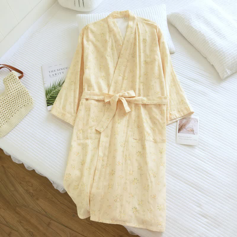 Ownkoti Yellow Botanical Cotton Gauze Kimono Robe - image 3