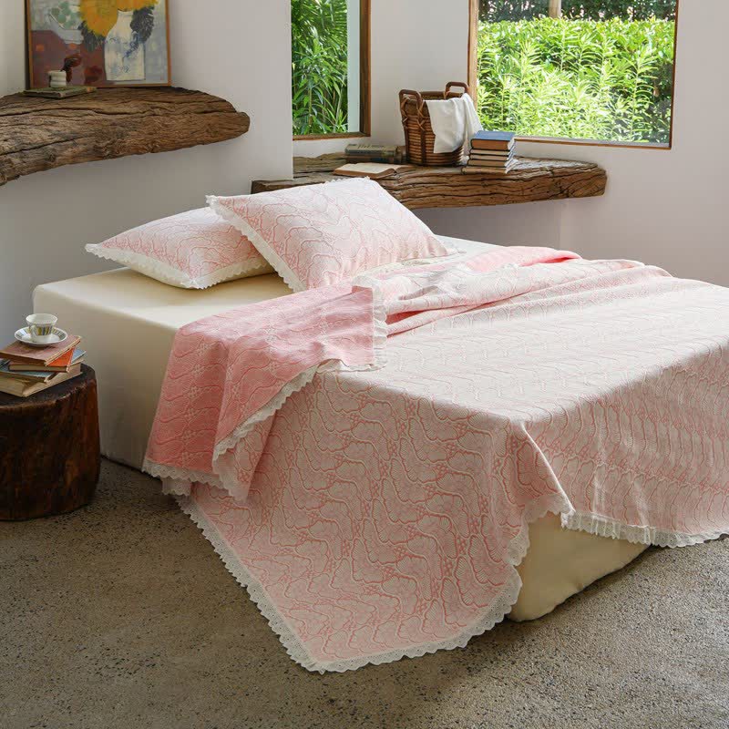 Ownkoti French Pink Lace Trim Cotton Bedspread - image 1