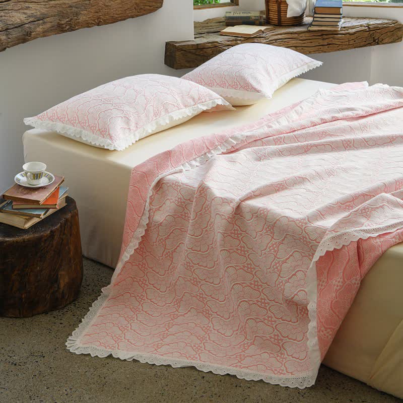 Ownkoti French Pink Lace Trim Cotton Bedspread - Pink - 2PCS Pillowcases - 19" x 27" - image 0