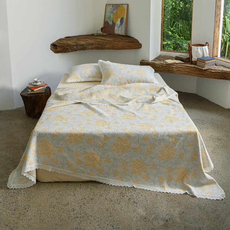 Ownkoti Lace Trim Floral Vine Cotton Bedspread - Yellow - 2PCS Pillowcases - 20" x 28" - image 1