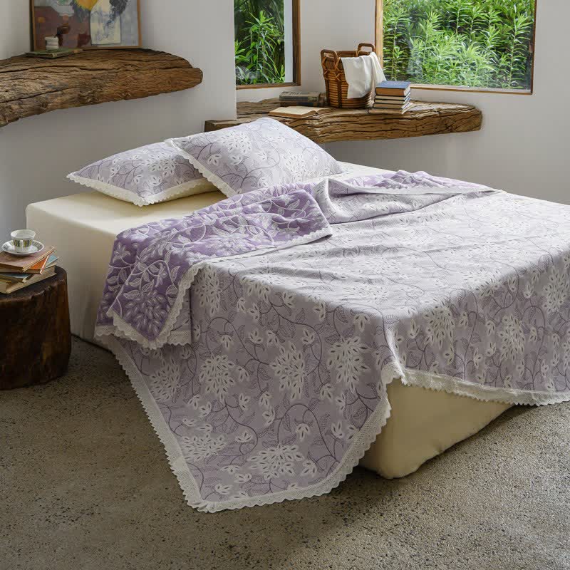 Ownkoti Lace Trim Floral Vine Cotton Bedspread - Purple - 2PCS Pillowcases - 20" x 28" - image 8