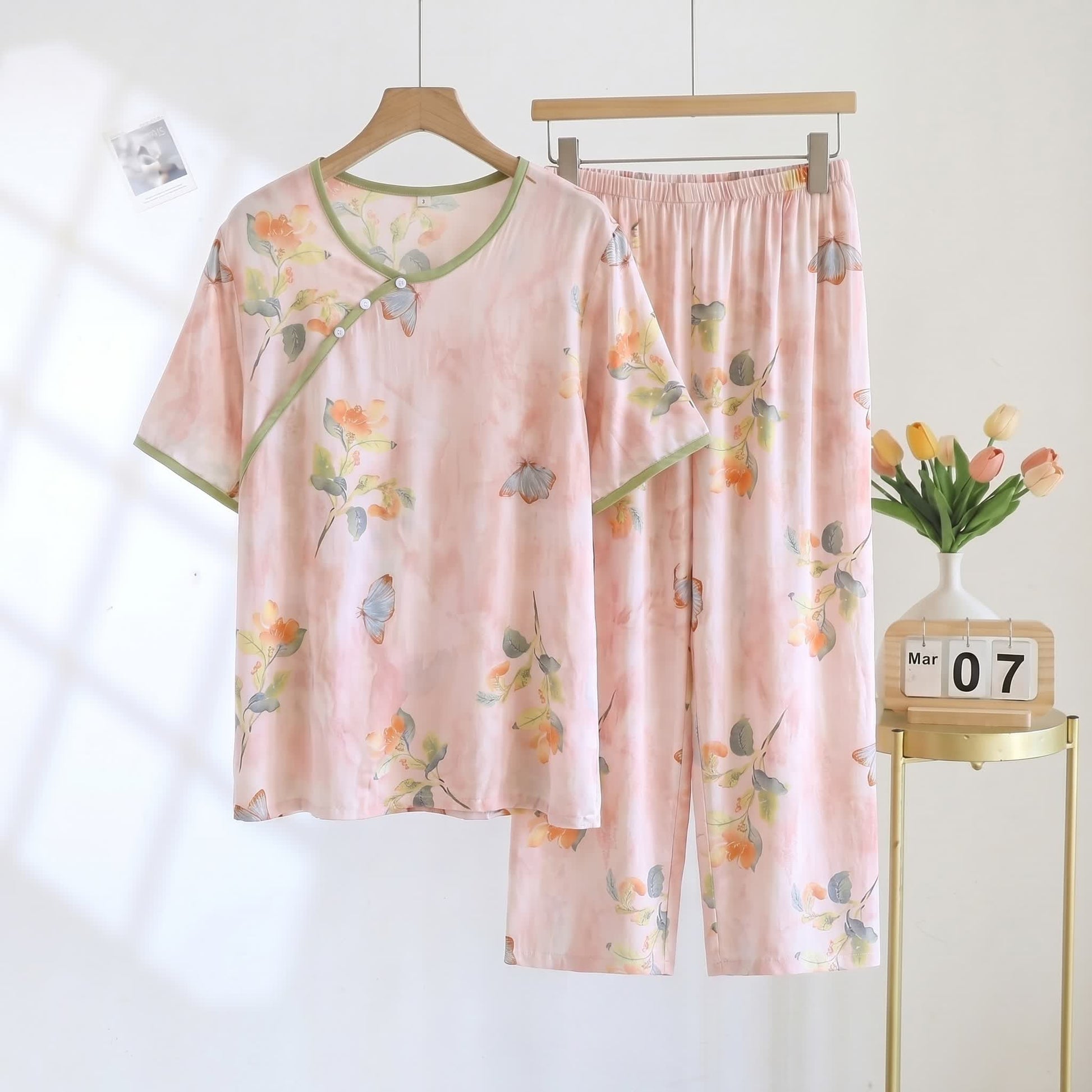 Ownkoti Butterfly Floral Cropped Pants Padded Nightwear - Pink - 2XL - image 0