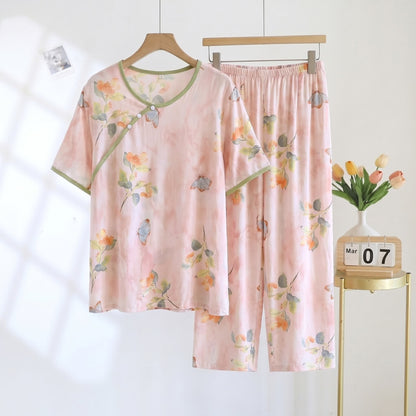 Ownkoti Butterfly Floral Cropped Pants Padded Nightwear - Pink - 2XL - image 0