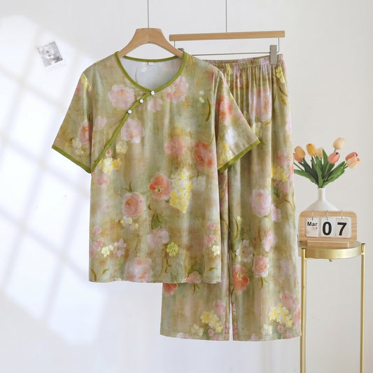 Ownkoti Botanical Padded Rayon Capri Pajama Set - Green - 2XL - image 0