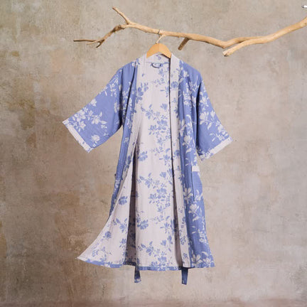Ownkoti Double Gauze Elegant Floral Cotton Kimono Robe - Blue - 2XL - image 0