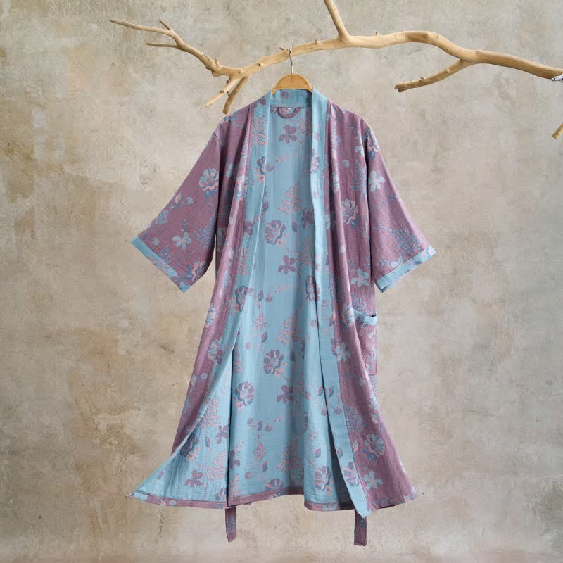 Ownkoti Double Gauze Blooming Floral Cotton Kimono Robe - Purple - XL - image 0