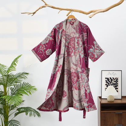 Ownkoti Luxurious Peony Double Gauze Cotton Kimono Robe - Wine - XL - image 0