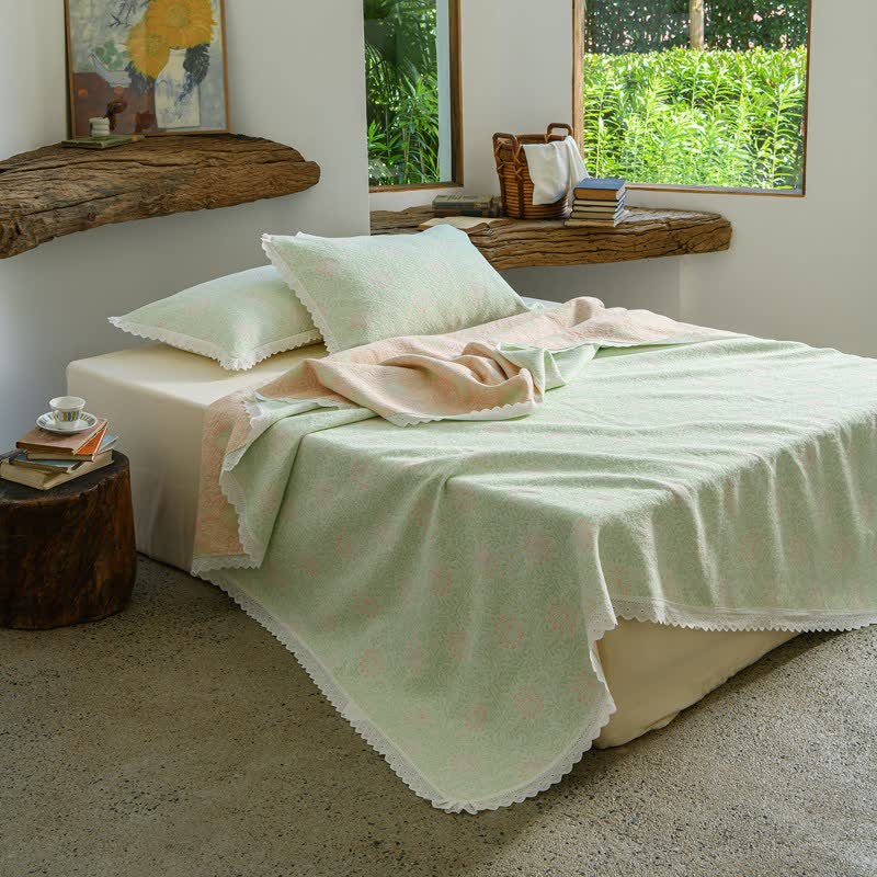 Ownkoti Lace Trim Reversibe Floral Cotton Bedspread - image 1