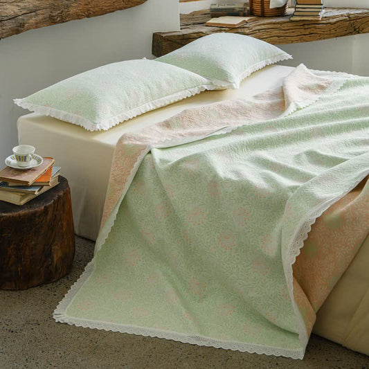 Ownkoti Lace Trim Reversibe Floral Cotton Bedspread - Green - 2PCS Pillowcases - 20" x 27" - image 0
