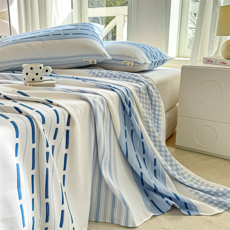 Ownkoti Blue Mixed Stripe & Gingham Cotton Bedspread - image 1
