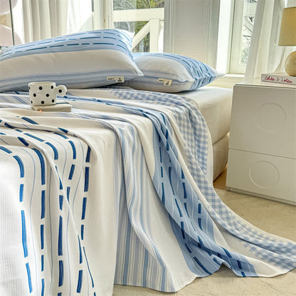 Ownkoti Blue Mixed Stripe & Gingham Cotton Bedspread - image 1