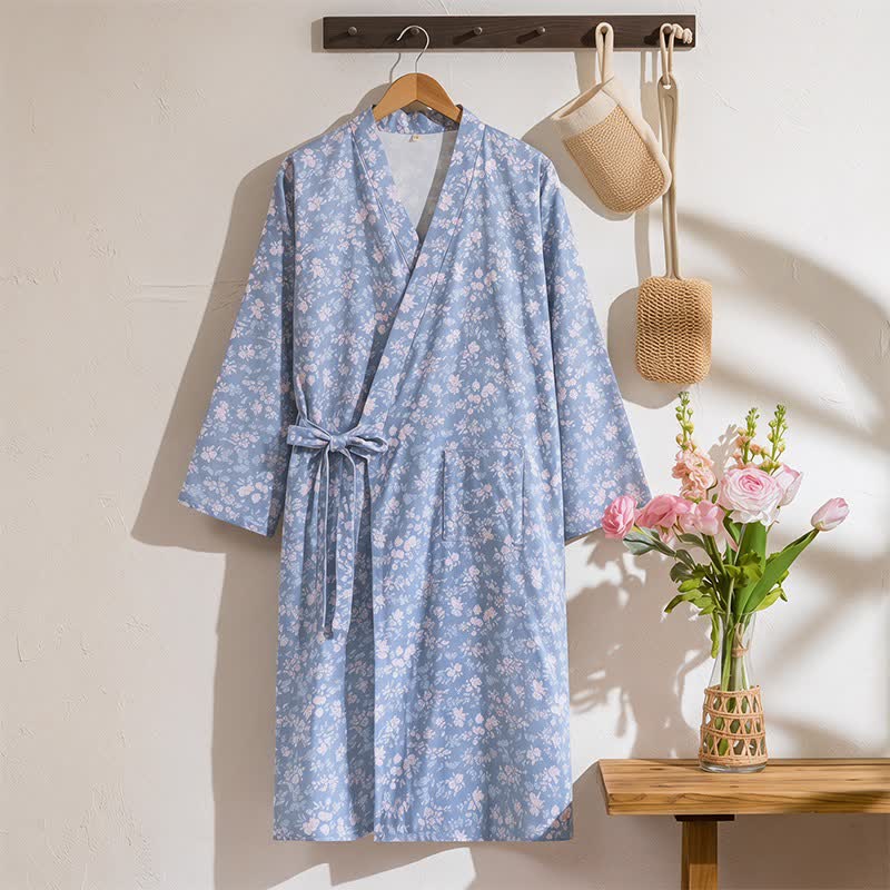 Ownkoti Rustic Blue Floral Cotton Kimono Robe - Blue - XL - image 0