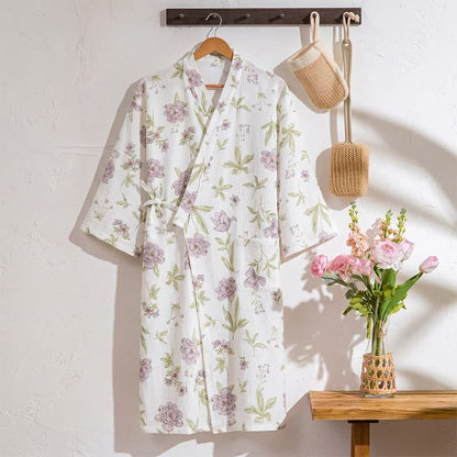 Ownkoti Violet Floral Cotton Kimono Robe - White - L - image 0