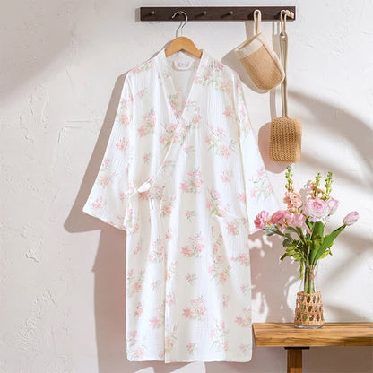 Ownkoti Pink Floral Pure Cotton Kimono Robe - White - XL - image 0