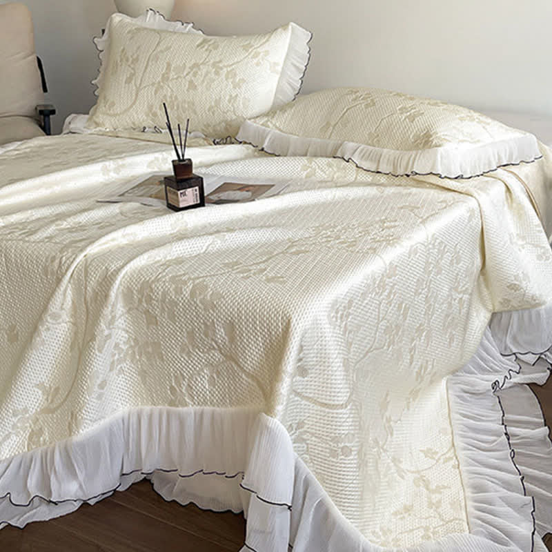 Ownkoti Ruffled Floral & Branch Bedspread Set - Light Yellow - Queen - image 0