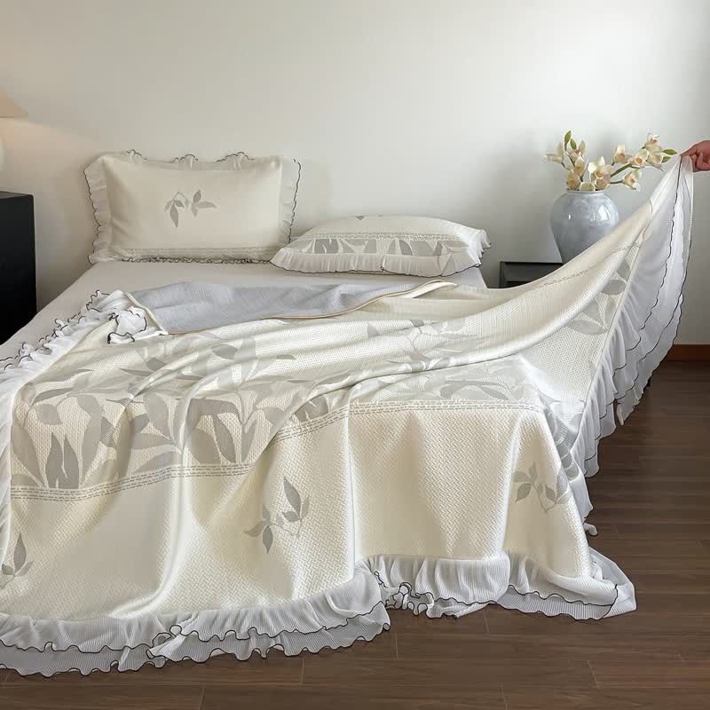 Ownkoti Ruffled Gray Leaf Jacquard Bedspread Set - image 3