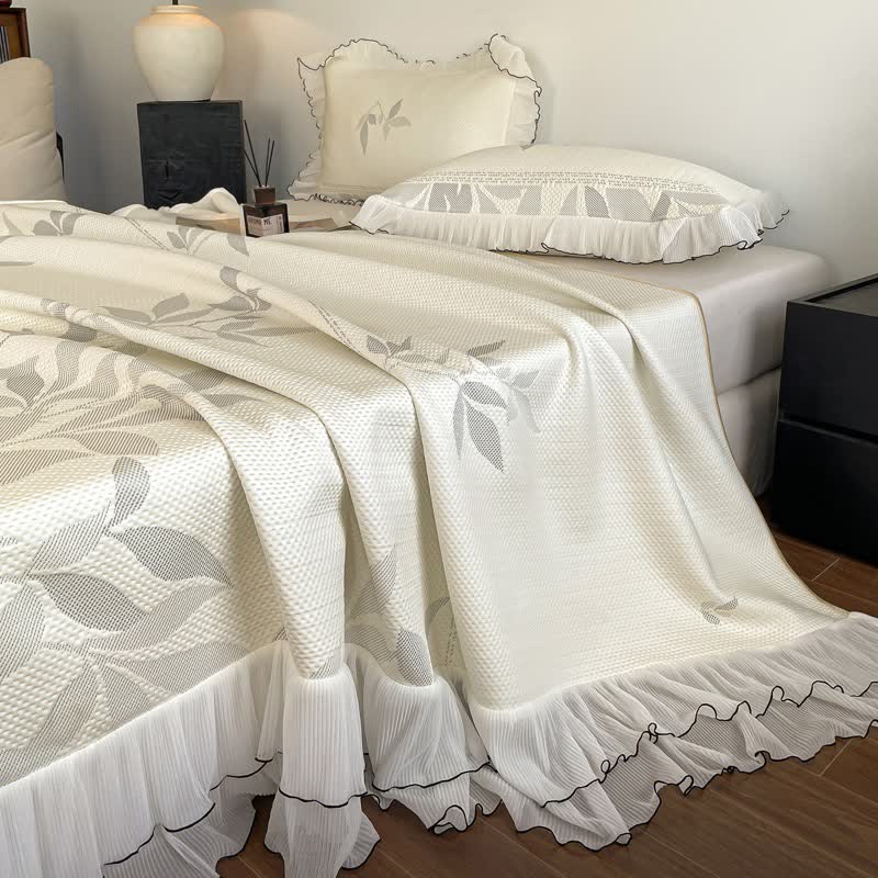 Ownkoti Ruffled Gray Leaf Jacquard Bedspread Set - image 2