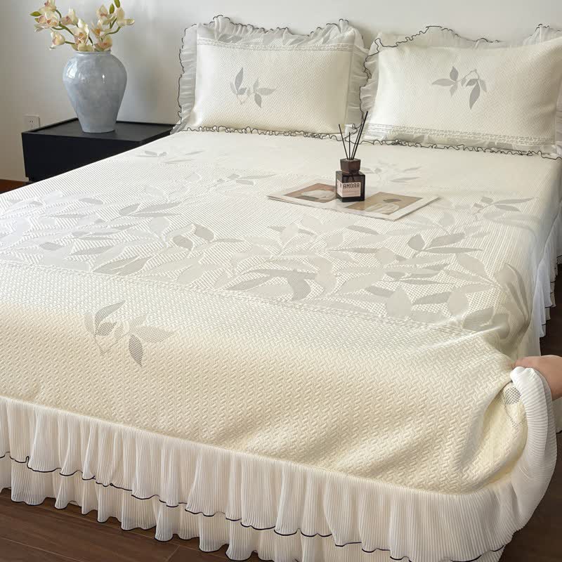 Ownkoti Ruffled Gray Leaf Jacquard Bedspread Set - image 4