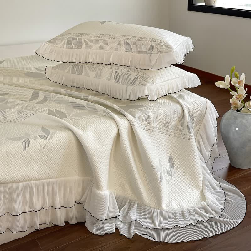 Ownkoti Ruffled Gray Leaf Jacquard Bedspread Set - image 1