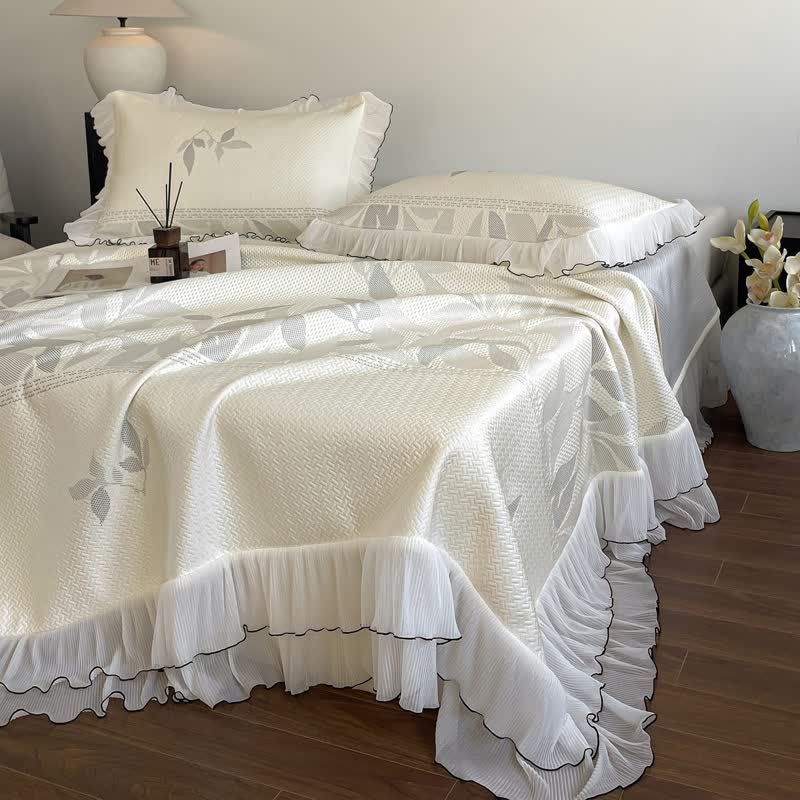 Ownkoti Ruffled Gray Leaf Jacquard Bedspread Set - Queen - image 0