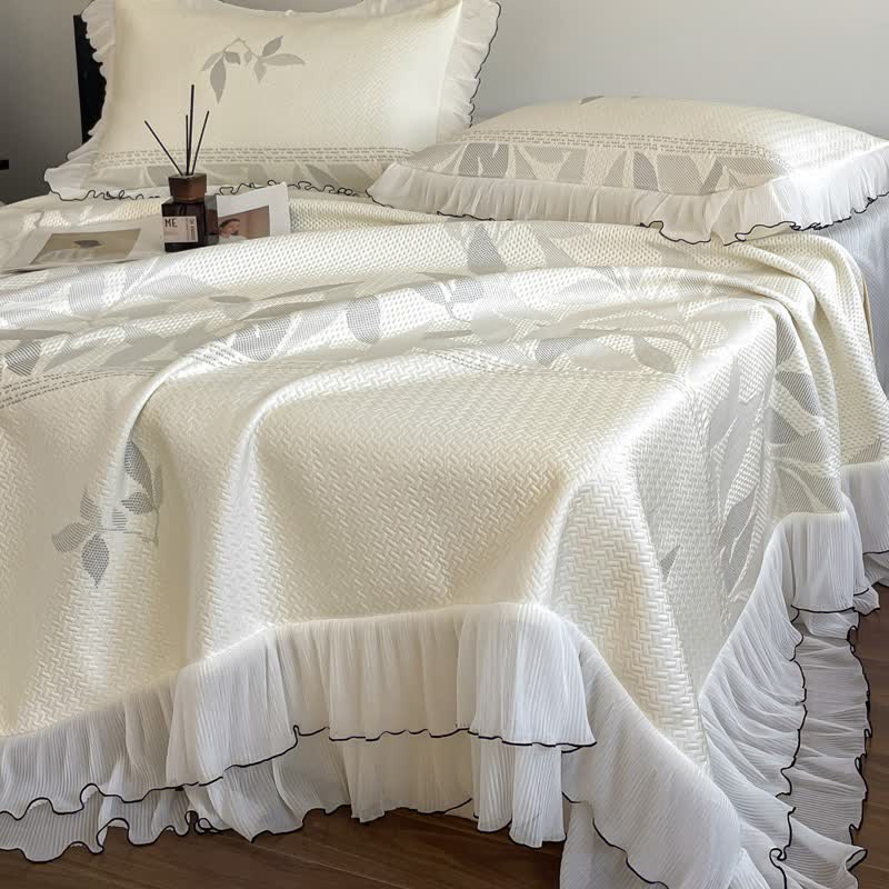 Ownkoti Ruffled Gray Leaf Jacquard Bedspread Set - image 6