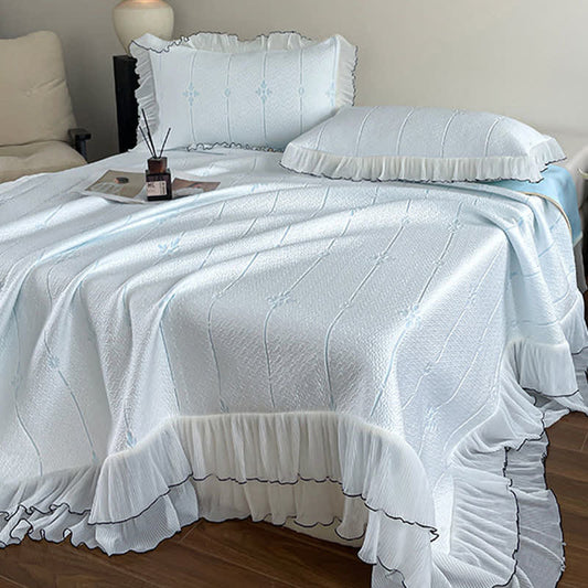 Ownkoti Ruffled Vertical Floral Bedspread Set - Light Blue - Queen - image 0