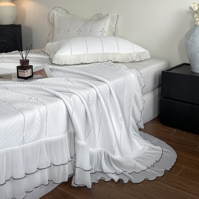 Ownkoti Ruffled Vertical Floral Bedspread Set - Light Gray - Queen - image 8