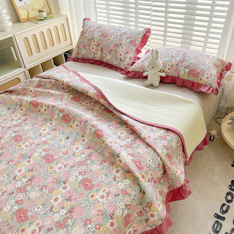 Ownkoti Ruffled Pink Floral Twill Cotton Coverlet - image 4