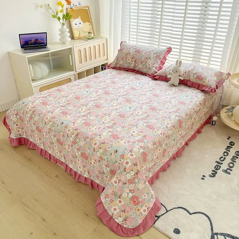 Ownkoti Ruffled Pink Floral Twill Cotton Coverlet - image 2