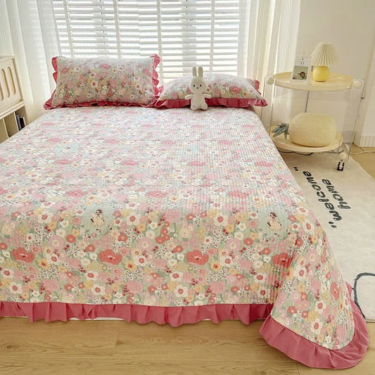 Ownkoti Ruffled Pink Floral Twill Cotton Coverlet - Coverlet - King - image 0