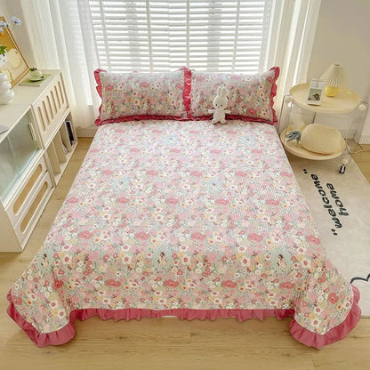 Ownkoti Ruffled Pink Floral Twill Cotton Coverlet - image 1