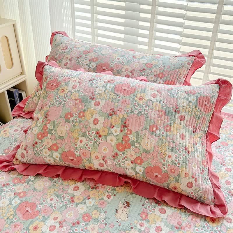 Ownkoti Ruffled Pink Floral Twill Cotton Coverlet - 2PCS Pillowcases - 19" x 29" - image 5