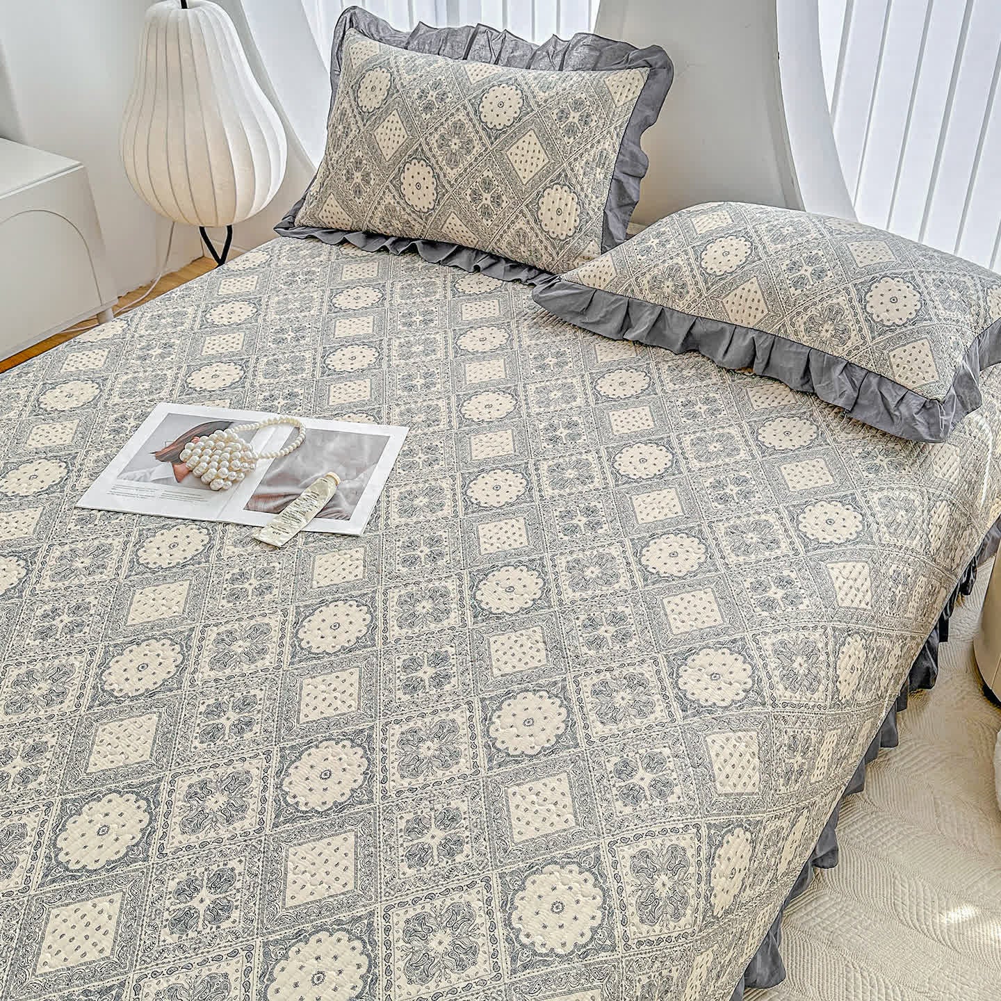 Ownkoti Ruffled Vintage Geometric Twill Cotton Coverlet - image 6