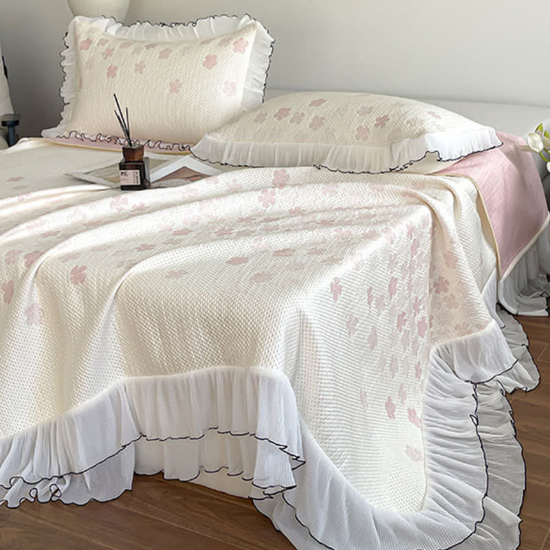 Ownkoti Ruffled Floral Jacquard Bedspread Set - Bedspread with 2PCS Pillowcases - Queen - image 0