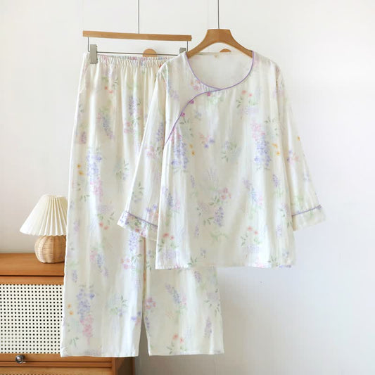 Ownkoti Floral Cotton Double Gauze Lounge Set - White - XL - image 0