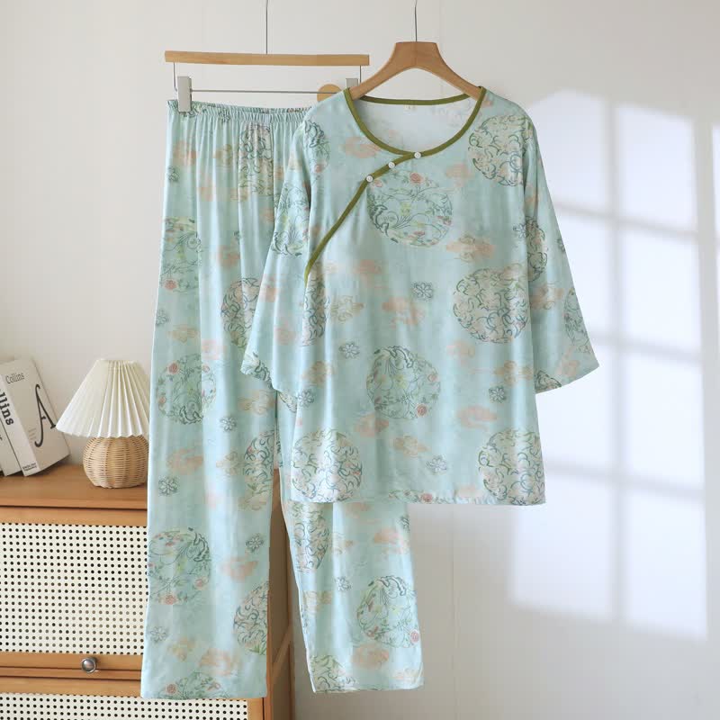 Ownkoti Oriental Traditional Floral Women's Pajamas - Green - XXL - image 0