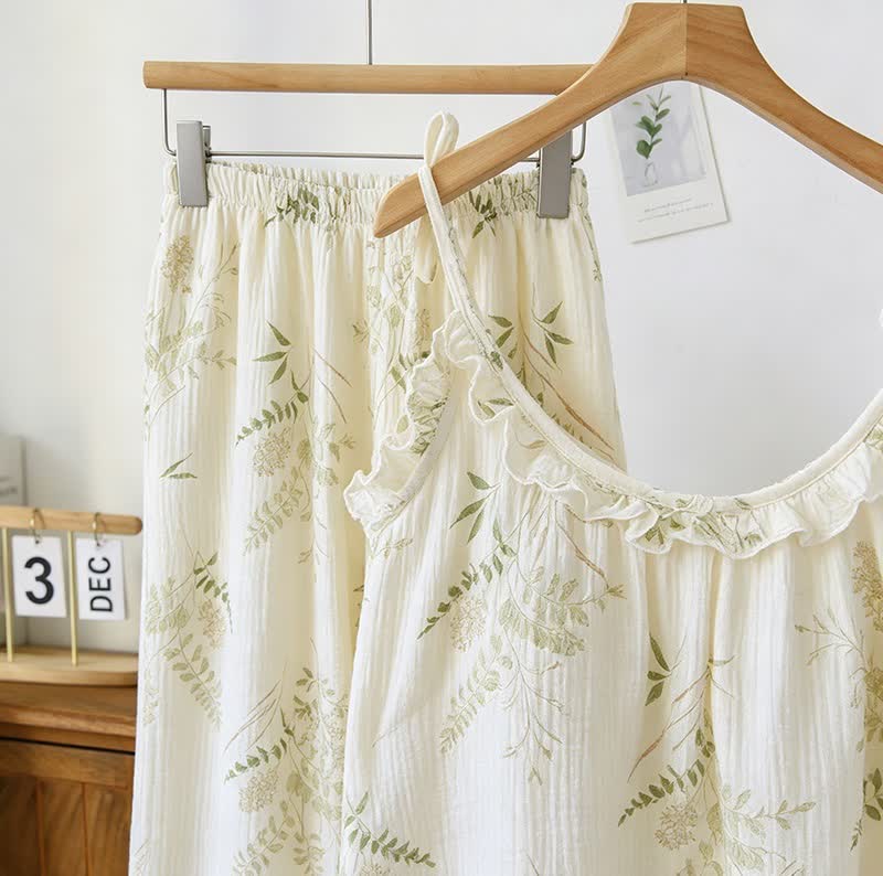 Ownkoti Ruffled Botanical Leaf Cotton Cami Pajamas - image 2