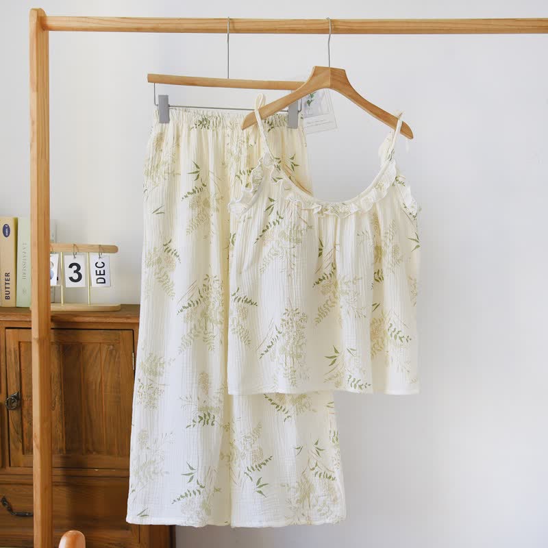 Ownkoti Ruffled Botanical Leaf Cotton Cami Pajamas - Beige - XL - image 0