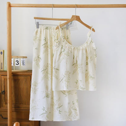 Ownkoti Ruffled Botanical Leaf Cotton Cami Pajamas - Beige - XL - image 0