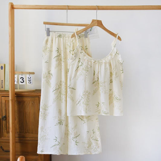 Ownkoti Ruffled Botanical Leaf Cotton Cami Pajamas - Beige - XL - image 0