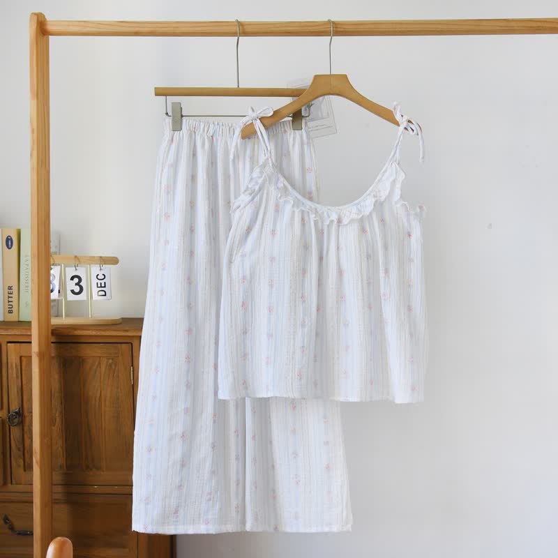 Ownkoti Ruffled Striped Floral Cotton Cami Pajamas - Blue - XL - image 0