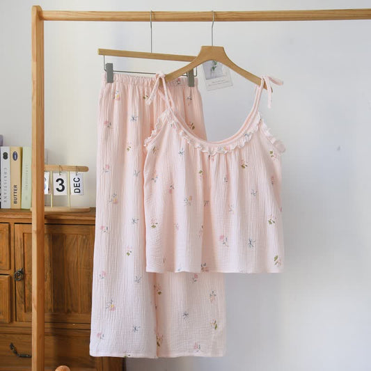 Ownkoti Ruffled Ditsy Floral Cotton Cami Pajamas - Pink - XL - image 0