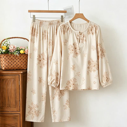 Ownkoti Elegant Floral Long Sleeve Women's Pajamas - Beige - XXL - image 0