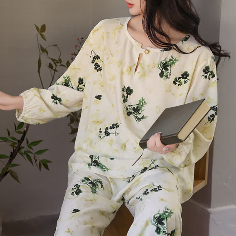 Ownkoti Pastoral Floral Long Sleeve Women's Pajamas - Beige - XXL - image 5