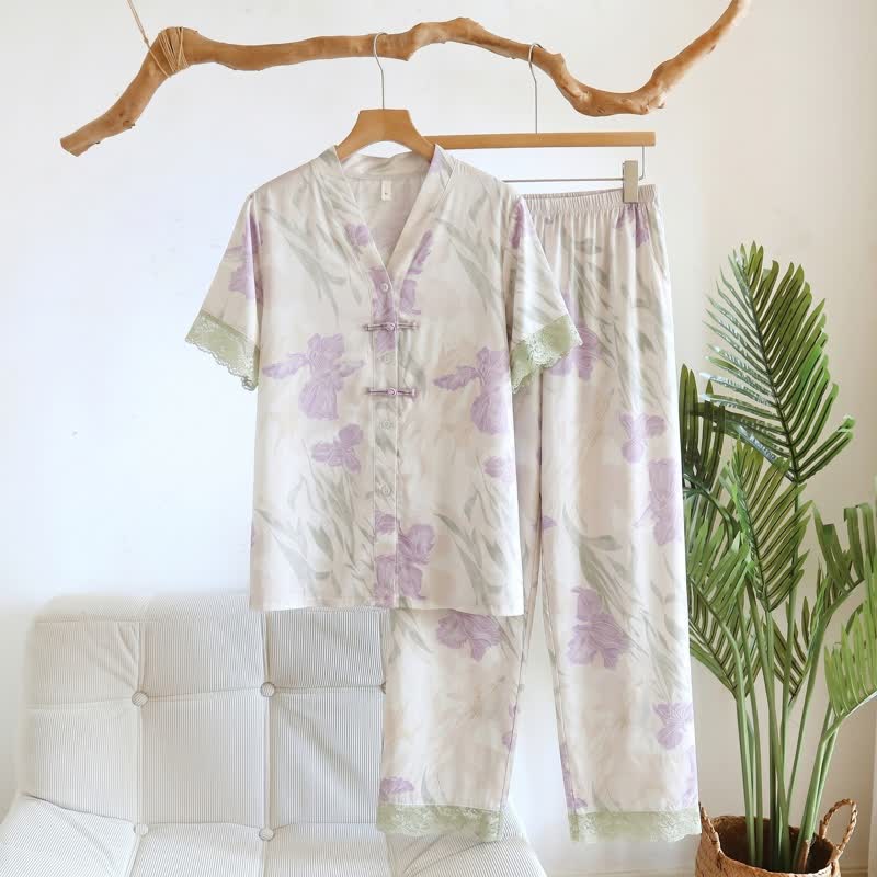 Ownkoti Floral Mandarin Collar Women's Loungewear Set - Beige - 3XL - image 0