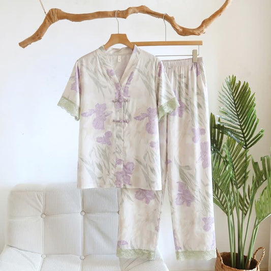 Ownkoti Floral Mandarin Collar Women's Loungewear Set - Beige - 3XL - image 0