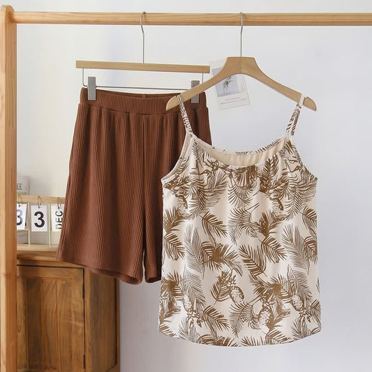 Ownkoti Tropical Palm Print Modal Cami Pajamas - Brown - 2XL - image 0