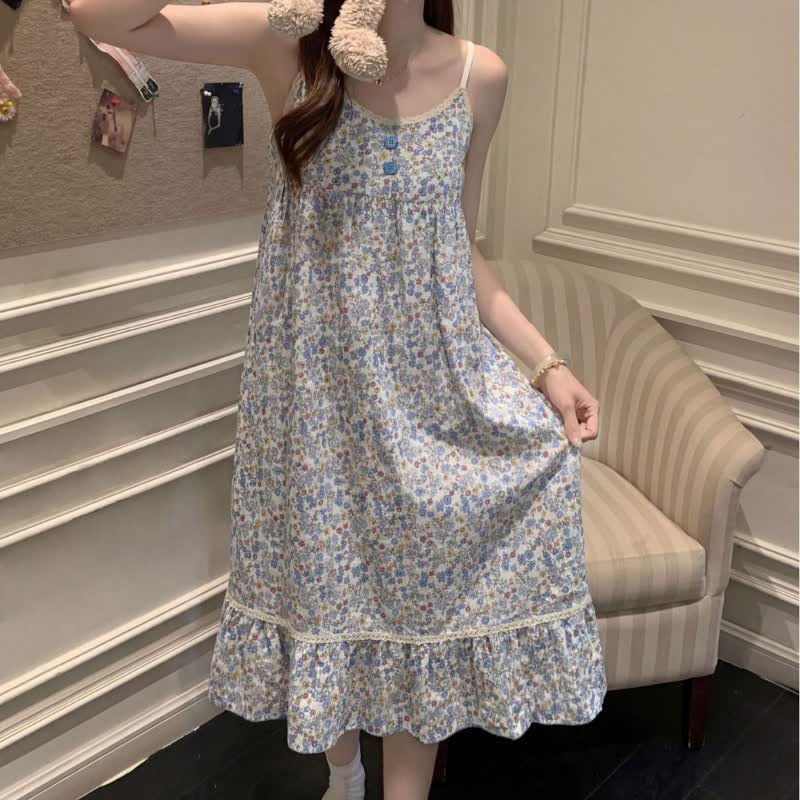 Ownkoti Blue Floral Sleeveless Ruffle Nightdress - image 7
